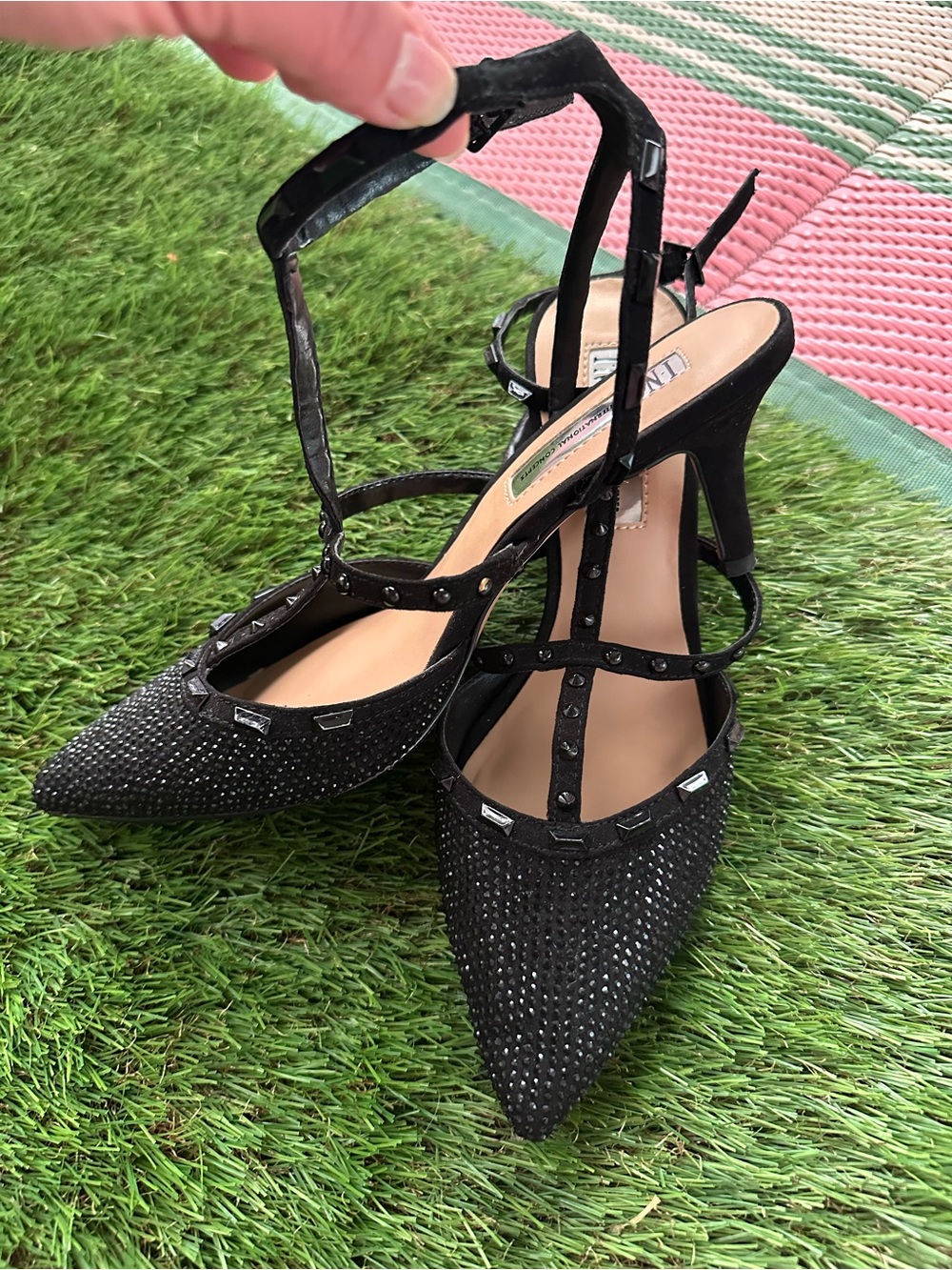 INC International Concepts Black Studded Pointed Toe T-Strap Heels - Picture 7 of 7